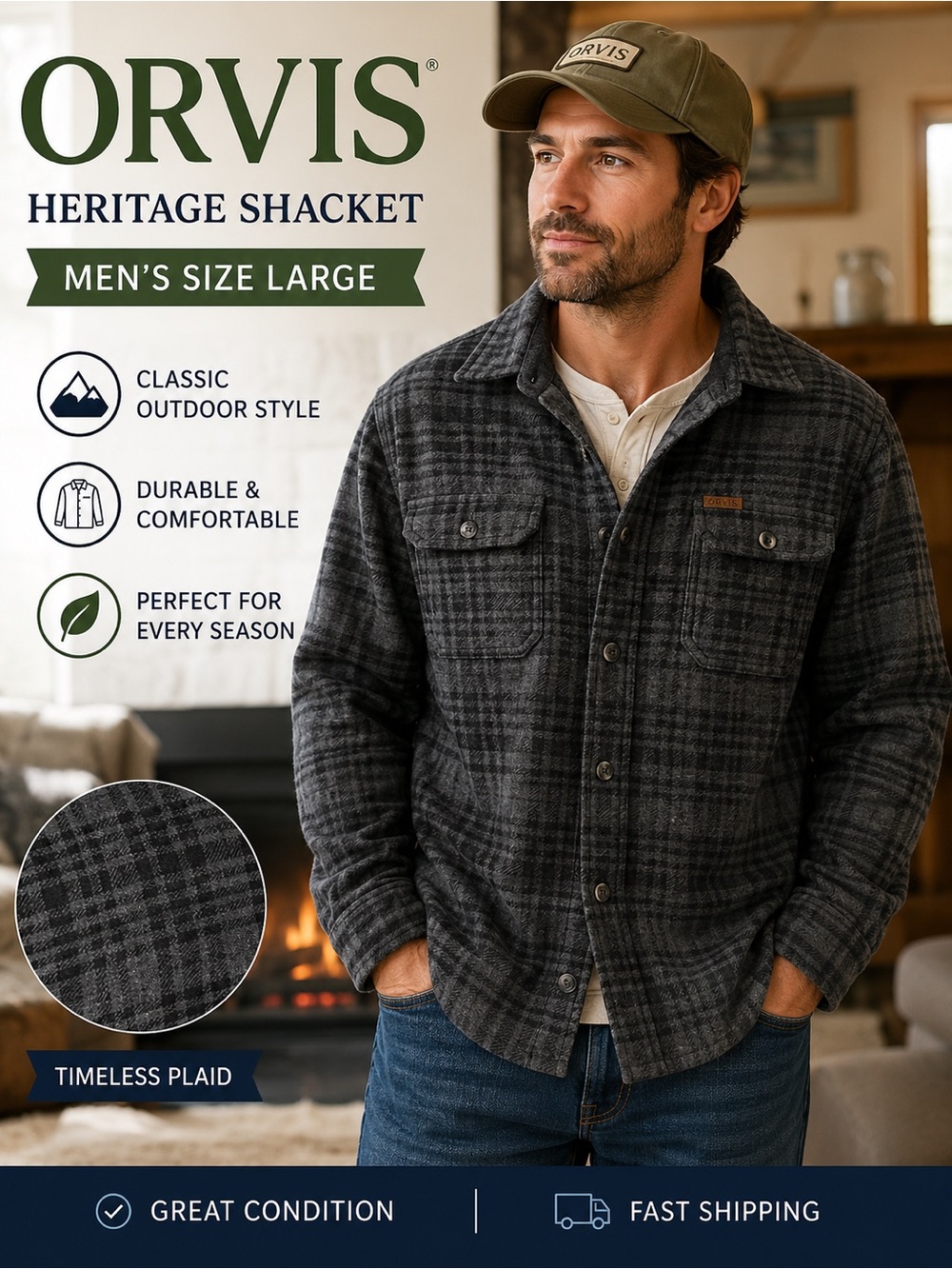 Orvis Men's Dark Gray Plaid Shacket
